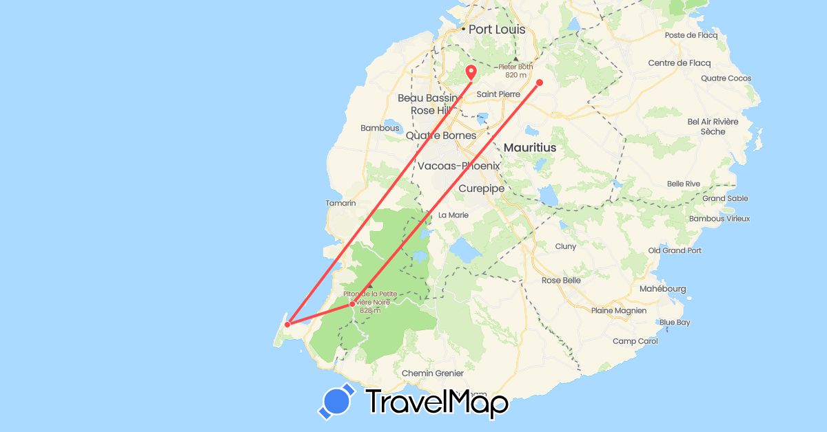 TravelMap itinerary: driving, hiking in Mauritius (Africa)